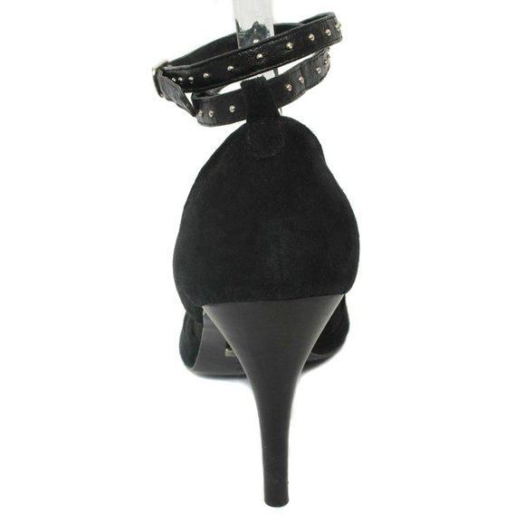 SUE WONG Black Suede Peep Toe Anke Strap Pumps with Studs Women’s Size 10 - Picture 4 of 6